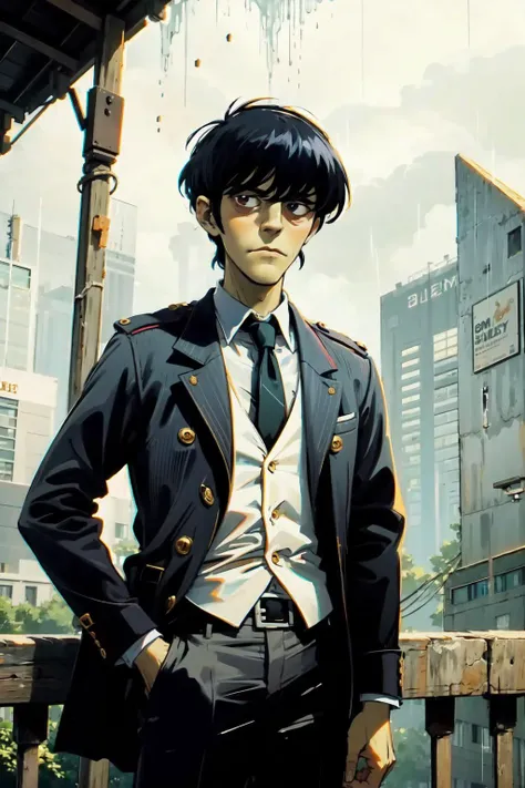 There's a fine young English gentleman in this downpour, and suddenly, 'soaked to the bone' has a whole new, very appealing meaning, <lora:murdocgorillaz:0.65>