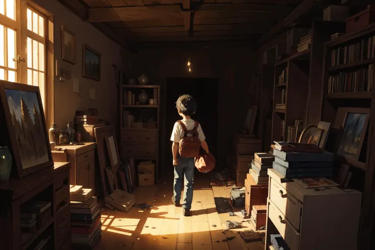 a packing his bag, going on an adventure BREAK
in a dusty attic, sharp lighting, dark and mysterious, filled with numerous trinkets,
(masterpiece, best quality:1.1), 8k, highly detailed, (watercolor:1.2)