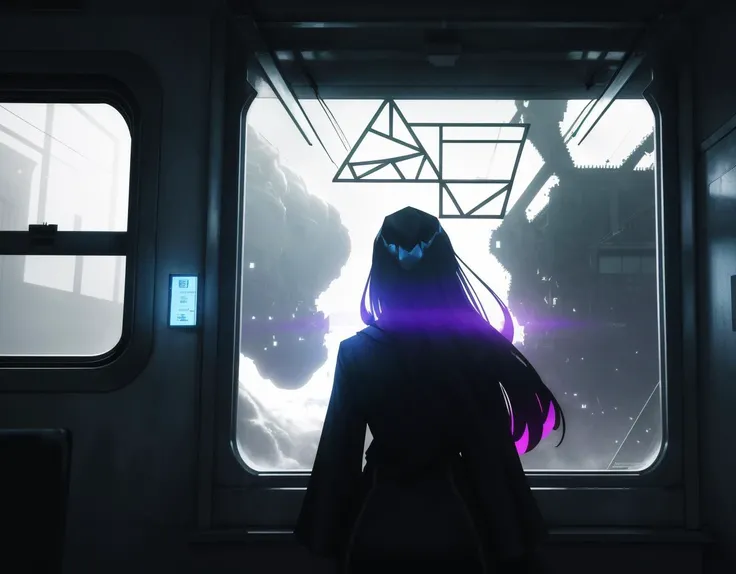 three cornered window, back of head shot of (woman looking out of triangle window:1.1), 3rd person, Looking out the triangular window of a (train:1.1) with triangular windows, triangular windows and triangular, wheels, in a fantasy world,
psychedelic, geometric, vivid light, high contrast, triadic colors, dark shadows, explosions, nuclear mushroom cloud, nuclear explosion, dystopian nightmare,
(beautiful composition),
21 yo woman,