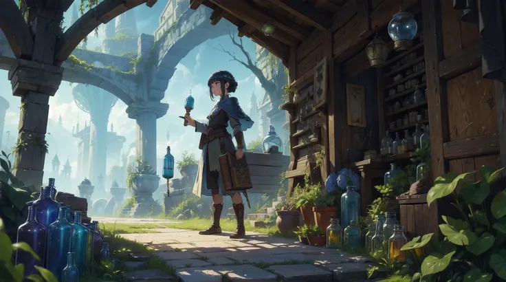 (ultra wide angle, full body:1.3), (a girl in magic fantasy world), (ultra detailed wizard outfit), (beautifully drawn face:1.2), symbols, (potions), plants, (a small cat pet), (magic) dust, spell book, reading book BREAK
(a view of complex ultra detailed overgrown medieval fantasy city:1.2), (epic high fantasy:1.4), (outdoors:1.2), (Ancient artifacts:1.2), (Legendary weapons), (a small wooden toy), surrounded by (large number of potion bottles, sacks, alien magical plants:1.3), (intricate details:1.4), colorful details, iridescent colors BREAK
((masterpiece, best quality)), 4k, ultra detailed, solo, detailed lighting, inspired by Hayao Miyazaki, official art, promotional art, composition