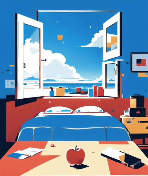 (best quality, masterpiece:1.1), an apple on a table in the middle of the room with a bed. opposite a window and beautiful blue sky. <lora:Destijl:1.4>