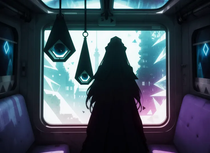 three cornered window, back of head shot of (woman looking out of triangle window:1.1), 3rd person, Looking out the triangular window of a (train:1.1) with triangular windows, triangular windows and triangular, wheels, in a fantasy world,
psychedelic, geometric, vivid light, high contrast, triadic colors, dark shadows, explosions, nuclear mushroom cloud, nuclear explosion, dystopian nightmare,
(beautiful composition),
21 yo woman,
