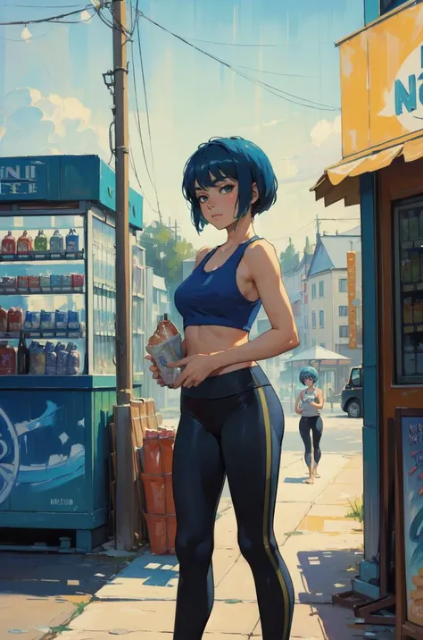 (masterpiece, high quality, 8k, trending on artstation), slim, petite, woman, blue hair bowl cut, wearing (yoga leggings and tank top:1.1), standing in front of a (convenience store:1.2), 
highly detailed background, outdoors, (painting by [monet:leonid afremov]:1.2)