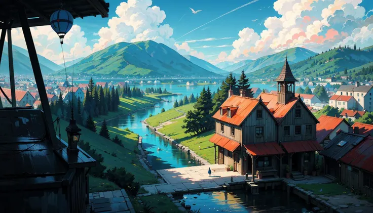 blue sky, cloud, summer, landscape, scenery, from distance, watermill, water wheel, river, waterfall, clif, colorful house, boats, port town, valley,( port town at the bottom of a valley), from above, colorful birds, fantasy, jrpg, blue ocean, high contrast, hot air balloon, horse wagon,
masterpiece, top quality, best quality, Vibrant Color Palette, Detailed and Realistic, Light and Shadow, Depth of Field, Emotional Lighting, Immersive Visuals, Luminous and Atmospheric