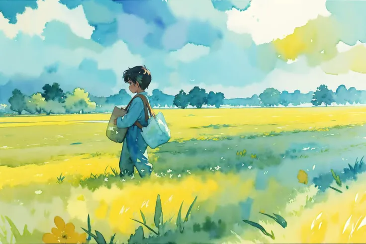 (side view:1.2), a carrying a bag BREAK
in a windy field, large stalks of plants (yellow and teal:0.8)
(masterpiece, best quality:1.1), 8k, highly detailed, (watercolor:1.4)