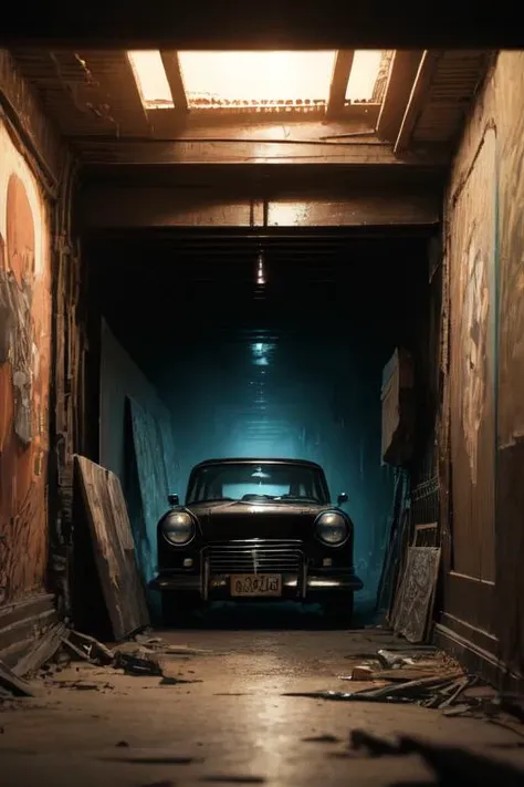(otherworldly, otherworldly atmosphere, otherworldly appearance), highly insanely detailed, masterpiece, top quality, best quality, highres, 4k, 8k, RAW photo, (box braids:1.2), Caribbean, dark tunnel,
a realistic vintage car adorned with an intricate, graffiti-style mural, full wide view, highly detailed, 8, (fantasy world)
