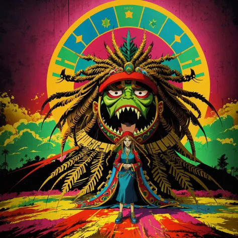 hype detailed masterpiece, dynamic realistic digital art, awesome quality, Reggae Album Cover, Artwork, Band/Artist Name, Artistic Style,Resplendent Realms <lora:murdocgorillaz:0.7>