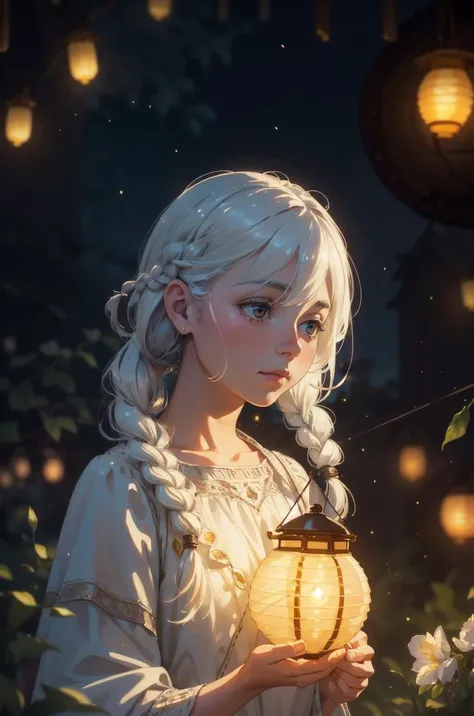 (thick outlines, watercolor:0.9), high quality, masterpiece, (grain, realistic, hyperrealistic:1.2),girl with white hair in a braid, hanging lanterns, fireflies, summer micro dress, intricate detailed worlds, bloom, magical, glowing particles, dust, (warm whimsical soft lighting:1.4),