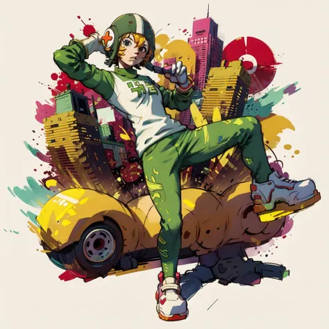 Jet-Set-Radio, solo, complex background, army pants, gloves, 1girl, roller shoes, street, city background,, paint can, <lora:Jet-Set-Radio:1> <lora:keke:0.3> <lora:jetsetradio_gum:0.8> graffiti <lora:Jet Set Radio Style:0.5> <lora:graffiti:0.5> <lora:CONCEPT_graffiti_wall_ownwaifu:1> <lora:Graffiti:0.5> <lora:cocolo:0.5>