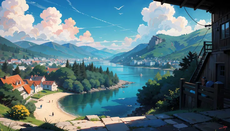 blue sky, cloud, summer, landscape, scenery, from distance, watermill, water wheel, river, waterfall, clif, colorful house, boats, port town, valley,( port town at the bottom of a valley), from above, colorful birds, fantasy, jrpg, blue ocean, high contrast, hot air balloon, horse wagon,
masterpiece, top quality, best quality, Vibrant Color Palette, Detailed and Realistic, Light and Shadow, Depth of Field, Emotional Lighting, Immersive Visuals, Luminous and Atmospheric