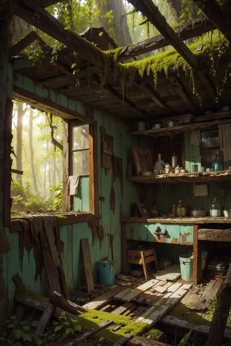 masterpiece of an abandoned overgrown cabin, rotten wood, moss, peeling paint,