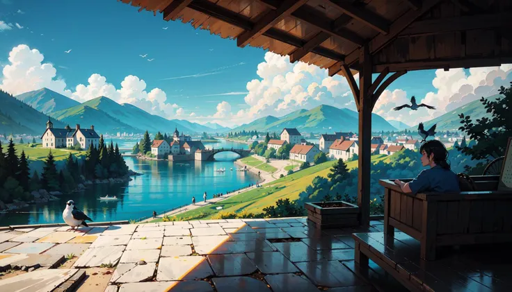 blue sky, cloud, summer, sun, landscape, scenery, watermill, water wheel, river, (waterfall), clif, colorful house, boats, port town, valley,( port town at the bottom of a valley), bird's-eye view, castle, colorful birds, fantasy, jrpg, beautiful sea, high contrast, hot air balloon, horse wagon, yellow accent color,
masterpiece, top quality, best quality, Vibrant Color Palette, Detailed and Realistic, Light and Shadow, Depth of Field, Emotional Lighting, Immersive Visuals, Luminous and Atmospheric