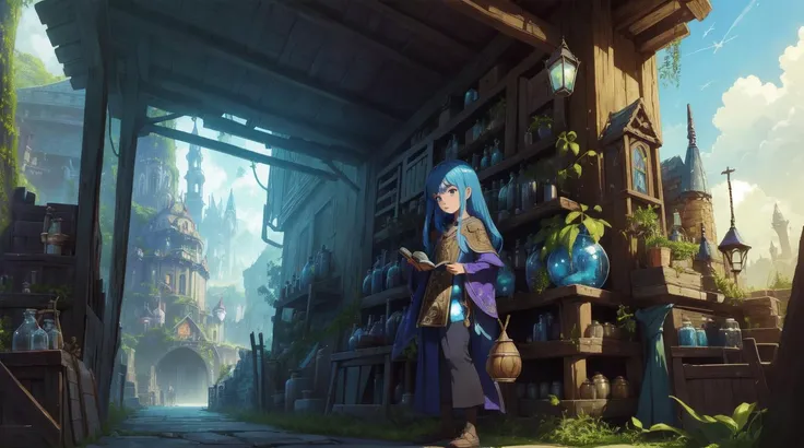 (ultra wide angle, full body:1.3), (a girl in magic fantasy world), (ultra detailed wizard outfit), (beautifully drawn face:1.2), symbols, (potions), plants, (a small cat pet), (magic) dust, spell book, reading book BREAK
(a view of complex ultra detailed overgrown medieval fantasy city:1.2), (epic high fantasy:1.4), (outdoors:1.2), (Ancient artifacts:1.2), (Legendary weapons), (a small wooden toy), surrounded by (large number of potion bottles, sacks, alien magical plants:1.3), (intricate details:1.4), colorful details, iridescent colors BREAK
((masterpiece, best quality)), 4k, ultra detailed, solo, detailed lighting, inspired by Hayao Miyazaki, official art, promotional art, composition, Closeup face portrait, smooth soft skin, beautiful eyes, intricate colored hair, symmetrical, anime wide eyes, soft lighting, detailed face, by makoto shinkai, stanley artgerm lau, wlop, rossdraws, concept art, digital painting
