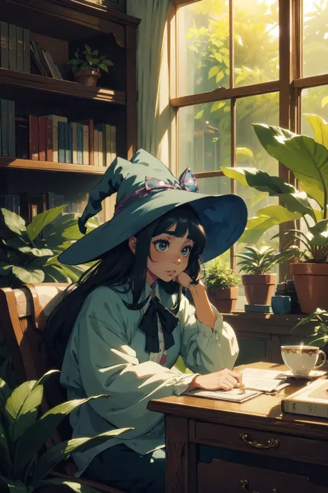 anime, candid of a woman working at a desk, big eyes, detailed face, dappled sunlight, open windows, tea cup, house plants, plants, bookshelves, witchy, crystals, magic, nostalgic, high detail, best quality, good quality, rtx, 4k, 8k,