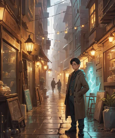 (long shot of a 1boy, glasses, center frame), standing in (alleyway with lots and lots of rustic magic shops), (curving cobbled street), soft magical lighting, glowing trinkets, masterpiece, high quality, 2k, 4k, 8k, hd, pixiv, artstation, dynamic lighting, (golden hour:0.2), intricate details