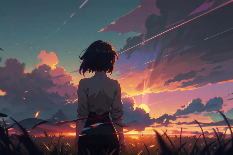 ((masterpiece, best quality)), 8k, highly detailed, curvy (mature:1.2) woman, fantasy, skyrim, god rays, lomography, (film grain:1.2), (chromatic aberration:1.1), sunrise, long hair, purple clouds, by makoto shinkai, red ribbon in hair, anime your name, Mitsuha Miyamizu, (close back view) standing on grass hill looking at a departing train