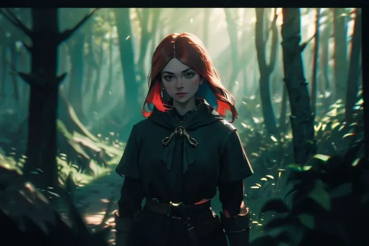 ((masterpiece, best quality)), 8k, highly detailed, fantasy, skyrim, mature (curvy:1.2) woman, mage, god rays, lomography, (film grain:1.2), (chromatic aberration:1.1), vignette, forest, long red hair