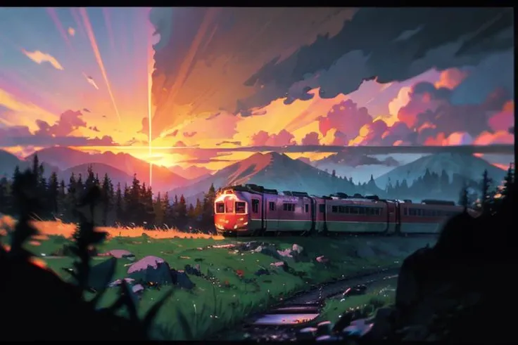 ((masterpiece, best quality)), 8k, highly detailed, curvy (mature:1.2) woman, fantasy, skyrim, god rays, lomography, (film grain:1.2), (chromatic aberration:1.1), sunrise, long hair, purple clouds, (a train in the background:1.3), hills, by makoto shinkai, red ribbon in hair, anime your name, Mitsuha Miyamizu, rear view of a girl standing on grass hill looking at a departing train