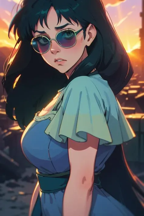 ((masterpiece, best quality)), 8k, highly detailed, curvy (mature:1.2) woman, fantasy, skyrim, god rays, lomography, (film grain:1.2), (chromatic aberration:1.1), very long stockings, druid, sunrise, purple clouds, closeup, lumbermill, by makoto shinkai, (green long hair:1.2), sunglasses, (blue dress:1.4)