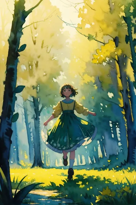 masterpiece, high quality, small details, (impressionism, watercolor:1.3),
1girl, running, field, holding a balloon, (yellow and teal:1.2),
detailed background, forest, misty, leaves, trees, (cinematic magical lighting:1.3),