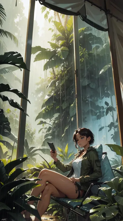 masterpiece, high quality, absurdres, perfect artwork,
well endowed woman, tight adventure clothing, sitting in a tent, raining, window, jungle, large plants, style of Brent Heighton,