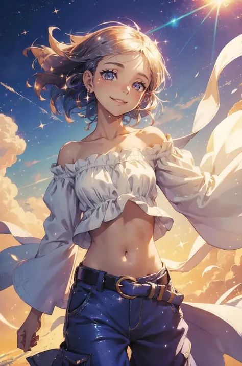 (whimsical:1.2), 1girl, (off-shoulder blouse), (navel), (belt and baggy pants), toned, (radiant smile, mouth open:1.2), (sparkling eyes:1.3),
detailed background, heavenly background, billowing clouds, (windy, clothes flapping in wind), (magic dust),
small details, ultra detailed,