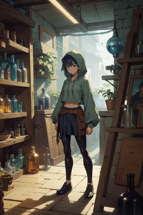 1girl, wearing a (hooded top:1.1), belt, (crop skirt and tight leggings:1.1), short crop hair BREAK
standing alchemist workshop, potion bottles, potted plants, vials, mysterious objects, dust,
(masterpiece, best quality:1.1), 8k, highly detailed, (inspired by hayao miyazaki:1.2)