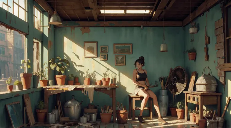masterpiece, best quality, full body, woman, tight bun, (sitting:1.2) in a lonely workshop,
(ultra detailed:1.2), (peeling paint, lots of hanging pots with plants, tools, messy, furnace:1.1), (table fan:1.2),