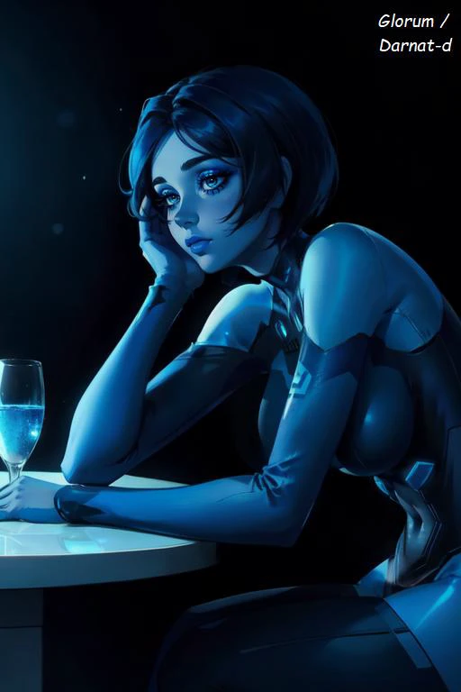 girl sitting at the table, hcortana, bodysuit,(looks to the left:1.1),looking on side,hip, hand on table, (bored:1.3), short black hair,hand covered hair, left hand supporting her head,, bent over, blue skin, makeup, semi-realistic, dark room,glass vine, round table leg, stomach,breasts, from side view, <lora:breast_size_slider_offset:0.35>, <lora:HCortana:0.75> hcortana,