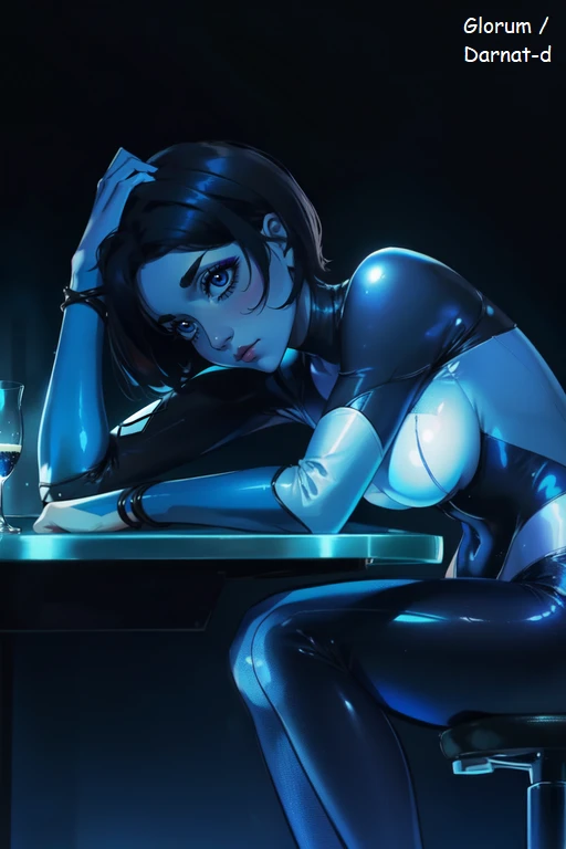 girl sitting at the table, hcortana, bodysuit,(looks to the left:1.1),eyes,head tilted,looking on side,hips,(shoked face:1.3), left hand (fingers:1.1) on table, (bored:1.3), short black hair, her right hand on her head, bent over, blue skin, makeup, semi-realistic, dark room,glass vine, round table leg, breasts, from side view, <lora:HCortana:0.1> ,