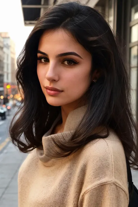 matildem modeling, <lora:matildem:0.7>, perfect hair, modern photo, (profile, head-shot, front view, looking at the viewer), (wearing edgPO pullover, edgPO), <lora:edgPullovers:1>, 24mm, (analog, cinematic, film grain:1.3), cute woman, ((detailed eyes)), ((long eyelashes)), (glossy lips), in the city, standing on an empty street