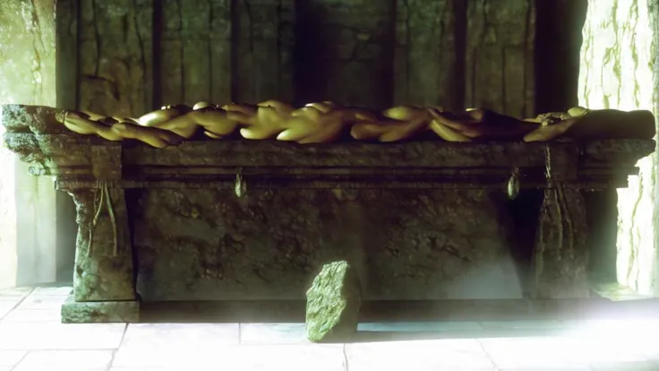 realistic analog photo, award winning photo,
wideshot,
human body lying on altar stone slab,
<lora:Torture Rack:0.8> torturerack, operating table, stone table, straps, strapped, lying,
<lora:Sacrifice:0.75> sacrifice1, rough stone slab used as altar, bloodstained stone slab, chains and shackles hanging from stone slab, blood filled stone funel carved into stone slab,
RAW, highres, 8k, uhd, High Dynamic Range, tonemapping, crisp details,