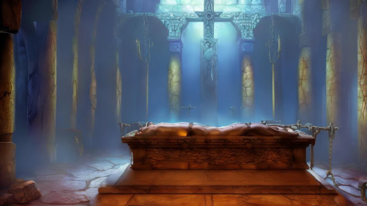 Masterwork Painting, Magnum Opus,
wideshot,
human body lying on altar stone slab, priest standing behind altar, priest holding ceremony,
<lora:Torture Rack:0.8> torturerack, operating table, stone table, straps, strapped, lying,
<lora:Sacrifice:0.75> sacrifice1, rough stone slab used as altar, bloodstained stone slab, chains and shackles hanging from stone slab, blood filled stone funel carved into stone slab, ,
highres, 8k, uhd, High Dynamic Range, tonemapping, crisp details, intricate details, fine details