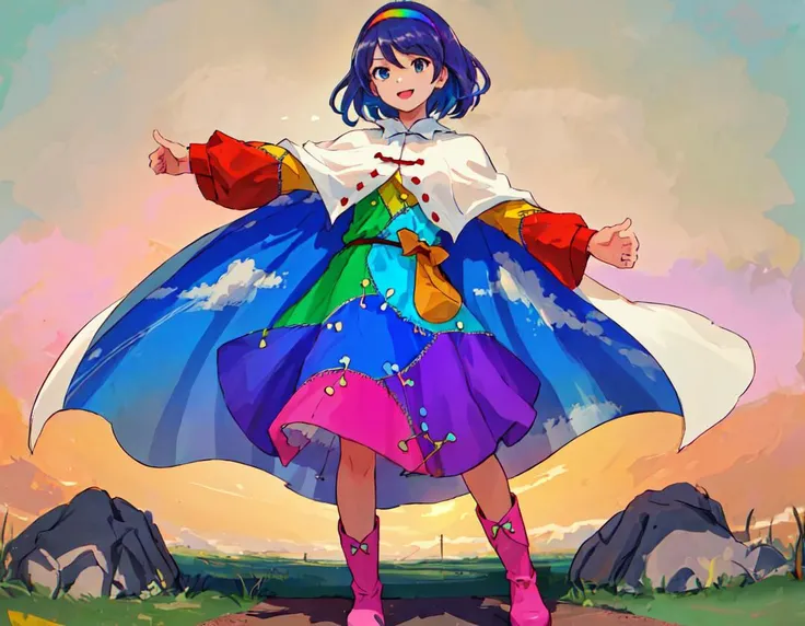 (best quality:1.5), (1girl), green field, grass, rocks, full body, Perfect_hands, detailed_face, (arm + hand + 1_thumb), highres, high_resolution, eyeliner, (Five_fingers_each), Perfect_hands, extremely_detailed_hands, rainbow-colored hair band, rainbow-colored shattered-pattern clothes, zipper lines on clothes, white cloak with sky painting, sky painting on cloak, pink boots with a ribbon, tenkyuu chimata
<lora:Tenkyuu_Chimata_Test_Nai-000010:0.8>
