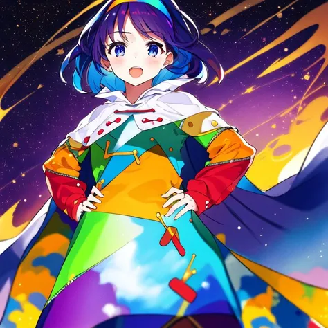 (masterpiece), (best quality), official art, 
solo, 1girl, blurry,cowboy shot, blurry,
(sky background:1.4),night, starry sky, (shotting stars:0.6),
<lora:TenkyuuChimataProject_tenkyuuChimata:1:1,1,1,1,1,0,0,0,1,1,1,1,1,1,1,0,0>,rainbow-colored hair band, rainbow-colored shattered-pattern clothes, zipper lines on clothes, (white cloak with sky painting), sky painting on cloak, (hands on hips), open mouth, looking at viewer,
<lora:mikaPikazoStyleLora_mk:0.7>,