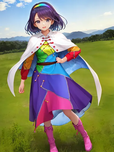 (best quality:1.5), (1girl), masterpiece, Perfect_hands, detailed_face, (arm + hand + 1_thumb), highres, high_resolution, eyeliner, (Five_fingers_each), Perfect_hands, extremely_detailed_hands, rainbow hair band, rainbow-colored shattered-pattern clothes, zipper lines on clothes, white cloak with sky painting, sky painting on cloak, tenkyuu chimata, full body, grass, field, pink boots with a ribbon <lora:Tenkyuu_Chimata:0.9>