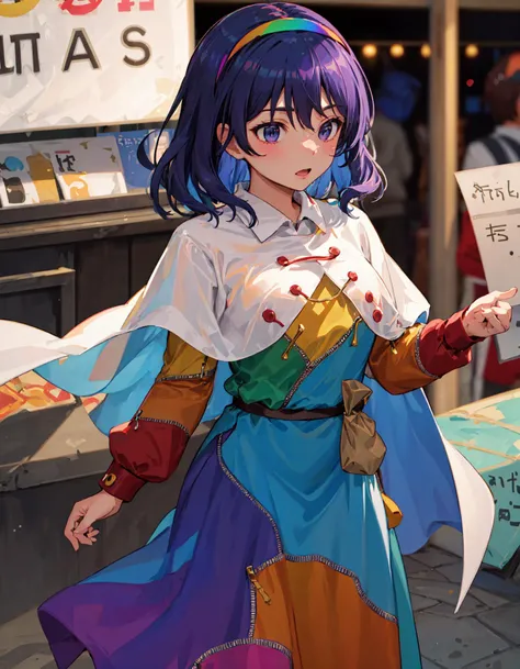 Tenkyuu Chimata, multicolored hairband, multicolored dress, zipper lines (clothes), cape, cloud print, brown bag belt, Where is that Bustling Marketplace Now, 1girl
<lora:Tenkyuu_Chimata_v2.0:0.85>