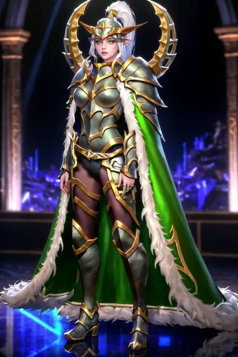 8K,highres,absurdres,masterpiece,best quality,original,extremely detailed CG,extremely detailed wallpaper,perfect lighting,<lyco:GoodHands-beta2:1>,1girl,blurry_background,looking_at_viewer,standing on the stage,
<lora:MaievShadowsongLoRA:0.6>,ponytail,armor,green eyes,pauldrons,helmet,cape,glowing eyes,gauntlets,fur trim,boots,belt,
