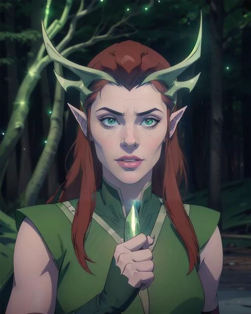 Keyleth, in front of great glowing tree, epic pose, serious expression, heroic, staff, magic, green glowing eyes(8k, RAW photo, best quality, masterpiece:1.2),ultra-detailed, (high detailed skin:1.2), 8k uhd, dslr, soft lighting, high quality, <lora:Keyleth_Vox_Machina_v1:0.65>