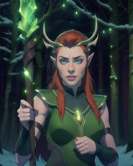 Keyleth, in front of great glowing tree, epic pose, serious expression, heroic, staff, magic, green glowing eyes(8k, RAW photo, best quality, masterpiece:1.2),ultra-detailed, (high detailed skin:1.2), 8k uhd, dslr, soft lighting, high quality, <lora:Keyleth_Vox_Machina_v1:0.65>