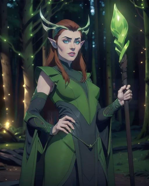 Keyleth, in front of great glowing tree, epic pose, serious expression, heroic, staff, magic, green glowing eyes(8k, RAW photo, best quality, masterpiece:1.2),ultra-detailed, (high detailed skin:1.2), 8k uhd, dslr, soft lighting, high quality, <lora:Keyleth_Vox_Machina_v1:0.65>