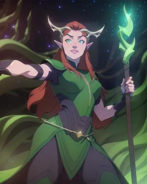 Keyleth, in front of great glowing tree, epic pose, serious expression, heroic, staff, magic, green glowing eyes(8k, RAW photo, best quality, masterpiece:1.2),ultra-detailed, (high detailed skin:1.2), 8k uhd, dslr, soft lighting, high quality, <lora:Keyleth_Vox_Machina_animated_v1:0.8>