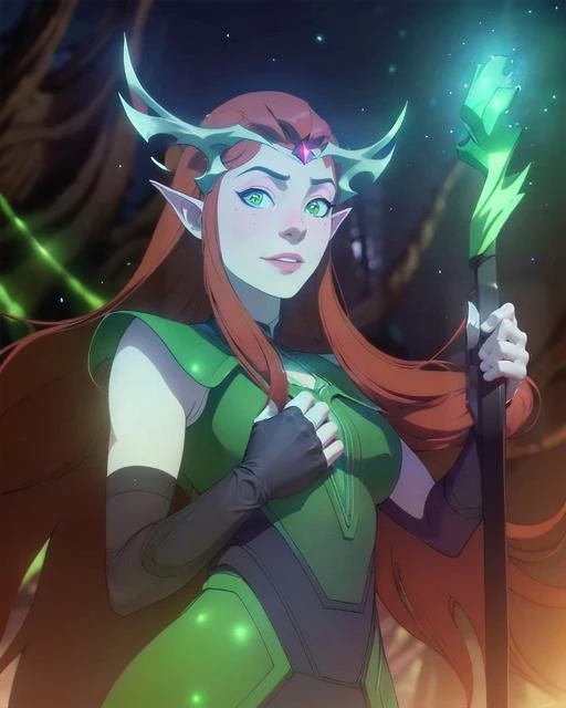 Keyleth, in front of great glowing tree, epic pose, serious expression, heroic, staff, magic, green glowing eyes(8k, RAW photo, best quality, masterpiece:1.2),ultra-detailed, (high detailed skin:1.2), 8k uhd, dslr, soft lighting, high quality, <lora:Keyleth_Vox_Machina_animated_v1:0.8>