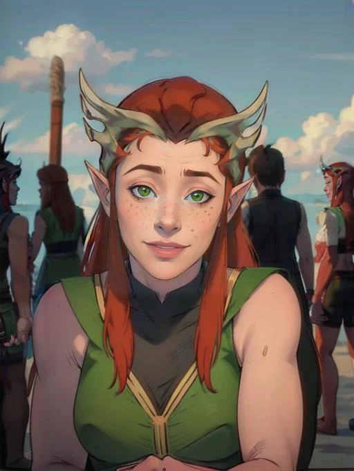 Keyleth, portrait, smiling, shy, blushed, freckles, bikini, at beach (8k, RAW photo, best quality, masterpiece:1.2),ultra-detailed, (high detailed skin:1.2), 8k uhd, dslr, soft lighting, high quality, <lora:Keyleth_Vox_Machina_v1:0.8>