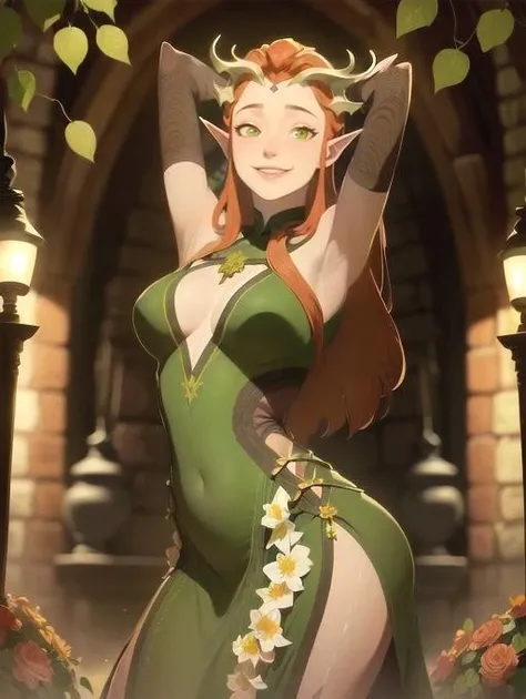 Keyleth, ((dress made out of flowers and leaves)), sexy, cleavage, at castle, looking at viewer, smiling, (8k, RAW photo, best quality, masterpiece:1.2),ultra-detailed, (high detailed skin:1.2), 8k uhd, dslr, soft lighting, high quality, <lora:Keyleth_Vox_Machina_animated_v1:0.8>