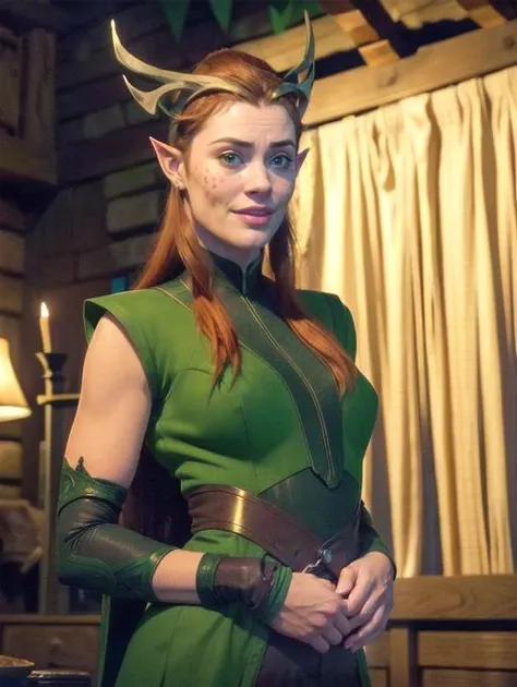 Keyleth, sexy, cute, portrait, green clothes, at medieval inn, smiling, dancing, shy, blushed, freckles, (8k, RAW photo, best quality, masterpiece:1.2),ultra-detailed, (high detailed skin:1.2), 8k uhd, dslr, soft lighting, high quality, <lora:Keyleth_Vox_Machina_v1:0.8>