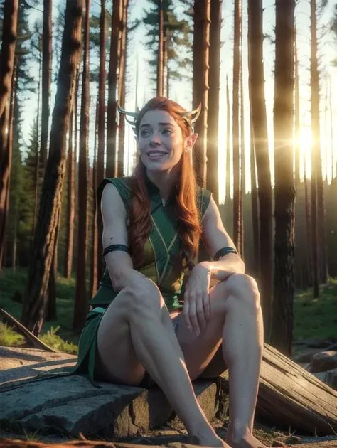 Keyleth, freckles, sitting on rock, in forest, sunset, smiling, blushed(8k, RAW photo, best quality, masterpiece:1.2),ultra-detailed, (high detailed skin:1.2), 8k uhd, dslr, soft lighting, high quality, <lora:Keyleth_Vox_Machina_v1:0.8>