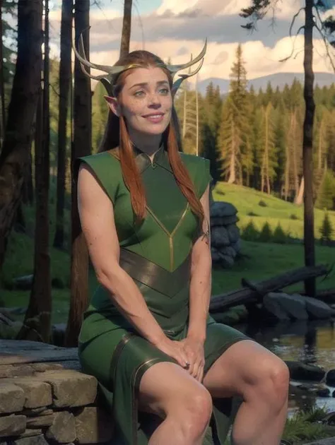 Keyleth, freckles, sitting on rock, in forest, sunset, smiling, blushed(8k, RAW photo, best quality, masterpiece:1.2),ultra-detailed, (high detailed skin:1.2), 8k uhd, dslr, soft lighting, high quality, <lora:Keyleth_Vox_Machina_v1:0.8>