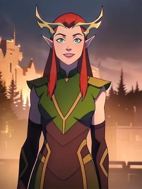 Keyleth, evening dress, at castle, looking at viewer, smiling, (8k, RAW photo, best quality, masterpiece:1.2),ultra-detailed, (high detailed skin:1.2), 8k uhd, dslr, soft lighting, high quality, <lora:Keyleth_Vox_Machina_animated_v1:0.7>