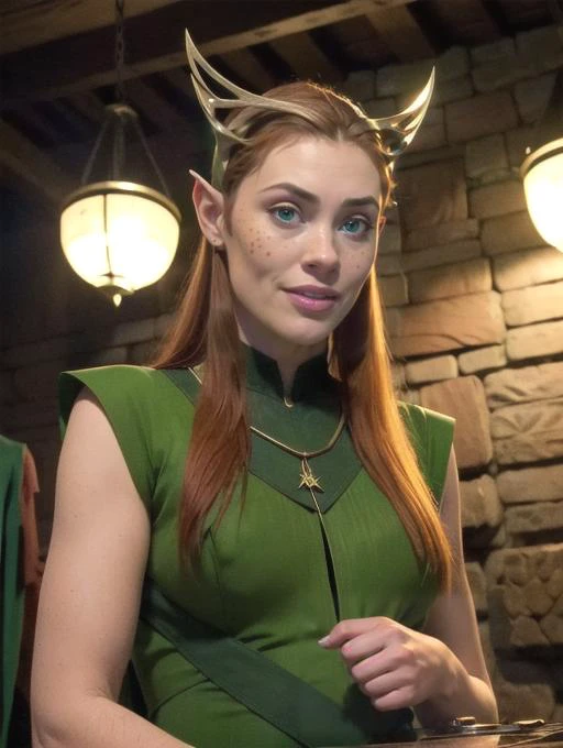 Keyleth, sexy, portrait, green clothes, at medieval inn, smiling, shy, blushed, freckles, (8k, RAW photo, best quality, masterpiece:1.2),ultra-detailed, (high detailed skin:1.2), 8k uhd, dslr, soft lighting, high quality, <lora:Keyleth_Vox_Machina_v1:0.8>